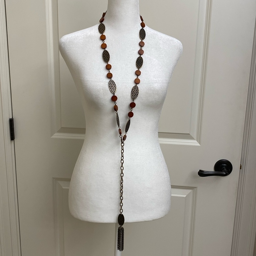 Vintage Wood brass necklace/belt chain Womens Lariat style. 47’ Boho Artsy